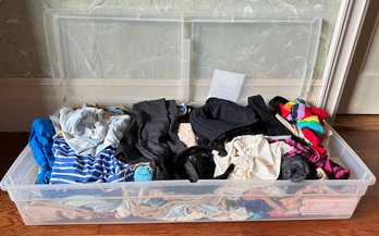 Shapewear Including Spanx, Swim Suits, Bras, Stockings & More, Some New, In Plastic Storage Bin