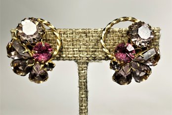 Pair Vintage Pink And Purple Gold Tone Rhinestone Ear Clips Earrings