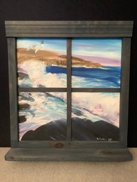 Signed Oil On Canvas Ocean View In Black Window Frame