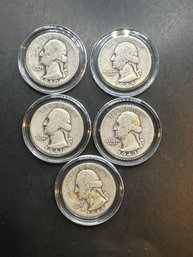 5 Washington Silver Quarters 1940, 1941, 1943, 1944, 1945