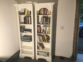 Two White Wooden Narrow Bookshelves With Crown Molding Top