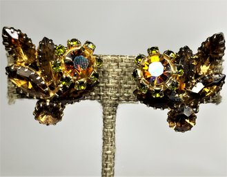 Fine Pair Of Amber And Green Colored Rhinestone Earrings Ear Clips