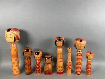Eight Vintage Hand Painted Kokeshi Signed Wooden Dolls