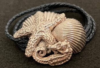 Vintage 925 Sterling Silver Leather Starfish Seahorse & Seashell Bracelet - Bat Ami - Israel - Magnet Closure