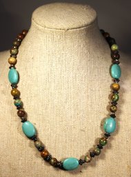 Fine Genuine Turquoise Beaded Silver Necklace 16' Long