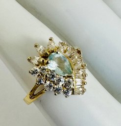 STERLING SILVER WITH GOLD WASH LIGHT BLUE AND WHITE CZ PEAR SHAPE RING