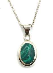 Vintage Italian Sterling Silver Sparkly S Chain With Mexican Malachite Pendant Necklace