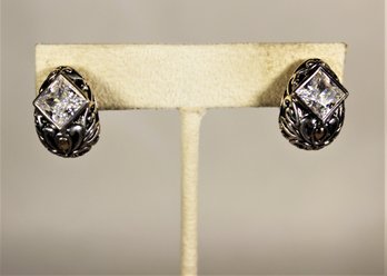 Fancy Sterling Silver Pierced Earrings Having White Stones