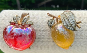 2 Vintage LISNER  Iridescent Brooches ~ Lemon & Apple ~