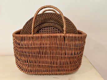 Woven Rattan Wicker Plate Chargers And Woven Storage Basket - Set Of Six With Basket