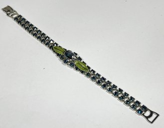 Vintage Blue Tourmaline Color Rhinestone Bracelet Having Enamel Leaves