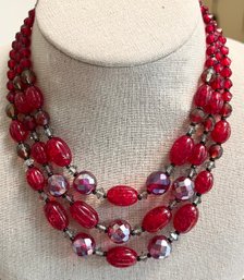 VINTAGE WEST GERMANY RED & AURORA 3 STRAND BEAD NECKLACE