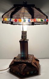 Vintage Folk Tramp Art Marble Stained Popsicle Stick Table Lamp - Handmade Intricate - Base Shade - 17 H X 8.5