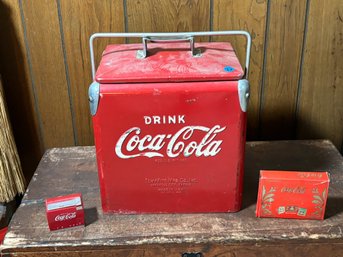 ANTIQUE COCA COLA COOLER W/ MINI COCA COLA MUSIC BOX AND PLAYING CARDS W/ TIN
