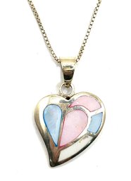 Vintage Italian Sterling Silver Box Chain With Multi Color Mother Of Pearl Inlay Heart Pendant Necklace