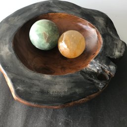 Teak Wooden Bowl With Gem Stone Spheres, Gem Stones Weigh 1LB 2 Oz, Bowl 11 Inch Diam