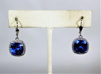 Fancy Designer Sterling Silver Blue Stone Pierced Earrings Ear Pendants