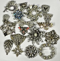 Lot Approximately 18 Pieces White Rhinestone Jewelry Pins, Dress Clips, Etc.