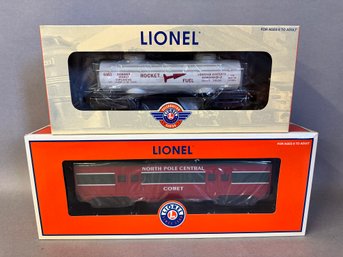 NIB Lionel Trains: Rocket Fuel Tank Car & North Pole Central Baggage Car, 6-29613 & 6-25197