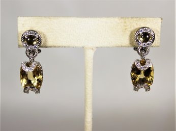 Signed Judith Ripka Sterling Silver Citrine Pierced Earrings