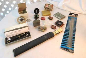 Laser Pointer Compass Rulers Pen & Solid Nickel Cigarette Case Lot