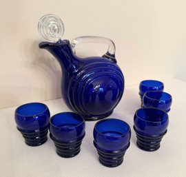 1930's Cambridge Glass Company's Nautilus Collection Pitcher And Six Small Glasses