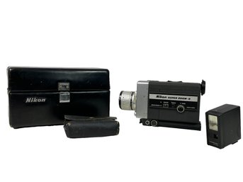 Vintage Nikon Super Zoom - 8 Movie Camera With Original Carrying Case And Voigtlander Flash