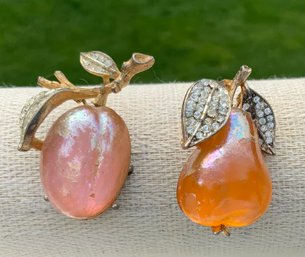 2 Vintage LISNER Iridescent Fruit Brooches  ~ Pear & Plum ~