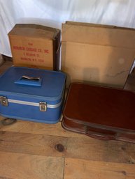 Vintage Blue Train Case And Brown Leather Brief Case