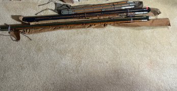 THREE ANTIQUE BAMBOO FLY FISHING POLES, NO SIGNATURE FOUND