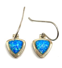 Vintage Sterling Silver Fire Blue Opal Triangle Dangle Earrings