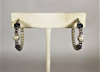 Sterling Silver Hoop Pierced Earrings Having Blue Aqua Stones And Pearls