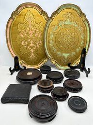 2 Vintage Carved Wood Trays From Italy & 10 New Asian Carved Wood Stands & 2 Wood Plate Stands