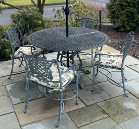 Patio Table And 4 Chairs - CAST CLASSICS - LEISURE LIVING - With THE LEAN Umbrella & Seat Cushions