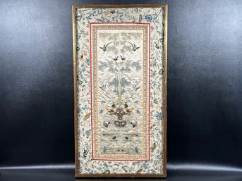 A Stunning Antique Asian Silk Panel, Finely Embroidered With Intricate Detail