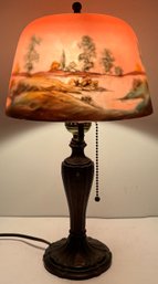 Vintage Antique Table Boudoir Lamp - Painted Scenery Glass Shade - Possible Handel - Art Nouveau Base - 14.5 H
