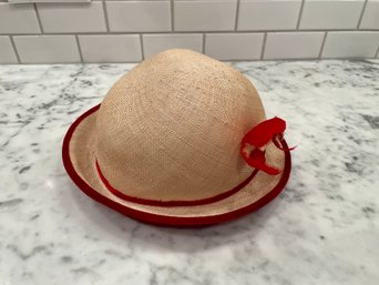 Bonwit Teller Childs Straw Hat With Red Velvet Trim