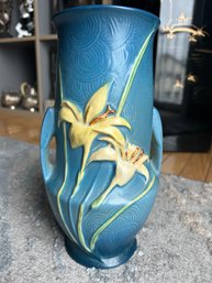 Fine Antique Circa 1930 ROSEVILLE BLUE ZEPHYR LILY 10' Handled  VASE