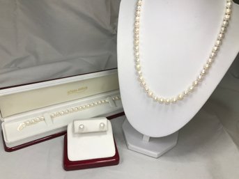 Wonderful 4 Piece Genuine Cultured Baroque Pearl Suite - Necklace, Bracelet & Earrings Set - 14K Plated Clasp