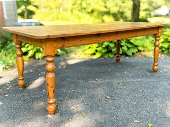 A Gorgeous Notched Pine Harvest Table With Turned Wood Legs