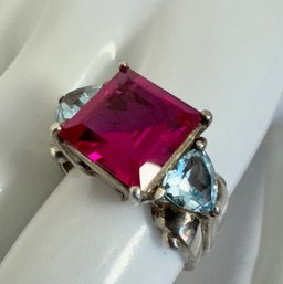 STERLING SILVER RUBY AND HEART SHAPED BLUE TOPAZ RING