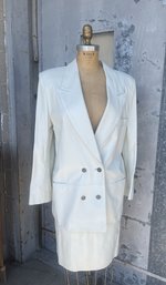 NOS- Stunning Bally Leather Two Piece Power Suit In Bone- Double Breasted Blazer And Pencil Skirt- Size 8