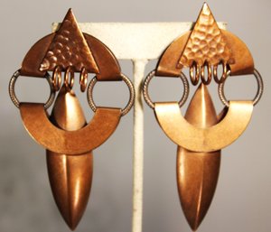 AMAZING VINTAGE SOLID COPPER PIERC ED EARRINGS 3 1/2' LONG