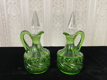 Vintage Green Glass Scroll Pattern Cruet Bottle