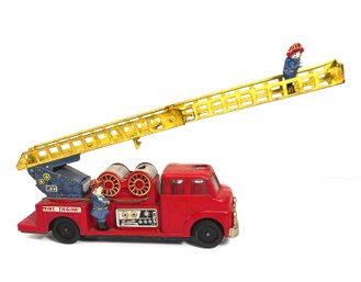 Vintage Fire Engine, Plastic Body With Tin Plate Ladder & Fireman- 1960's? With Friction Motor