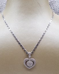 Sterling Silver Chain W Beautiful Heart Pendant W Sparkly Crystals