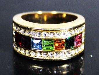 Multi Colored Stone Gold Tone Ladies Wide Band Ring Size 6