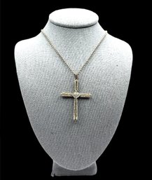 Vintage Italian Sterling Silver Clear Stones Ornate Cross Necklace