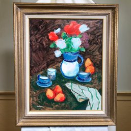 Original $1,800 James Pascucci Painting - Blue & White Pitcher Flowers & Fruit Still Life - SKU:91-1-1079B