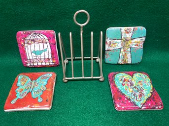 4 Boho Handcrafted Painted Coasters Little E Studio With Metal Wire Holder Caddy Carrier.